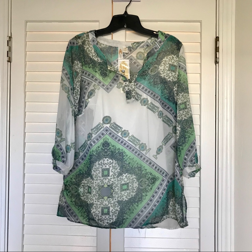 Adiva Blouse Tunic Sheer w/ Cami V-Neck 3/4 Sleeve